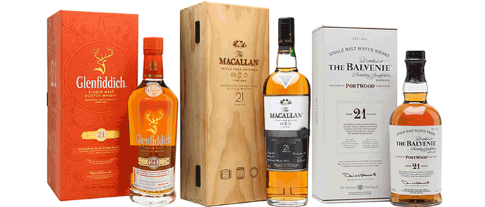 Glenfiddich, The Balvenie and The MACALLAN 21 years old Scotch Whiskey